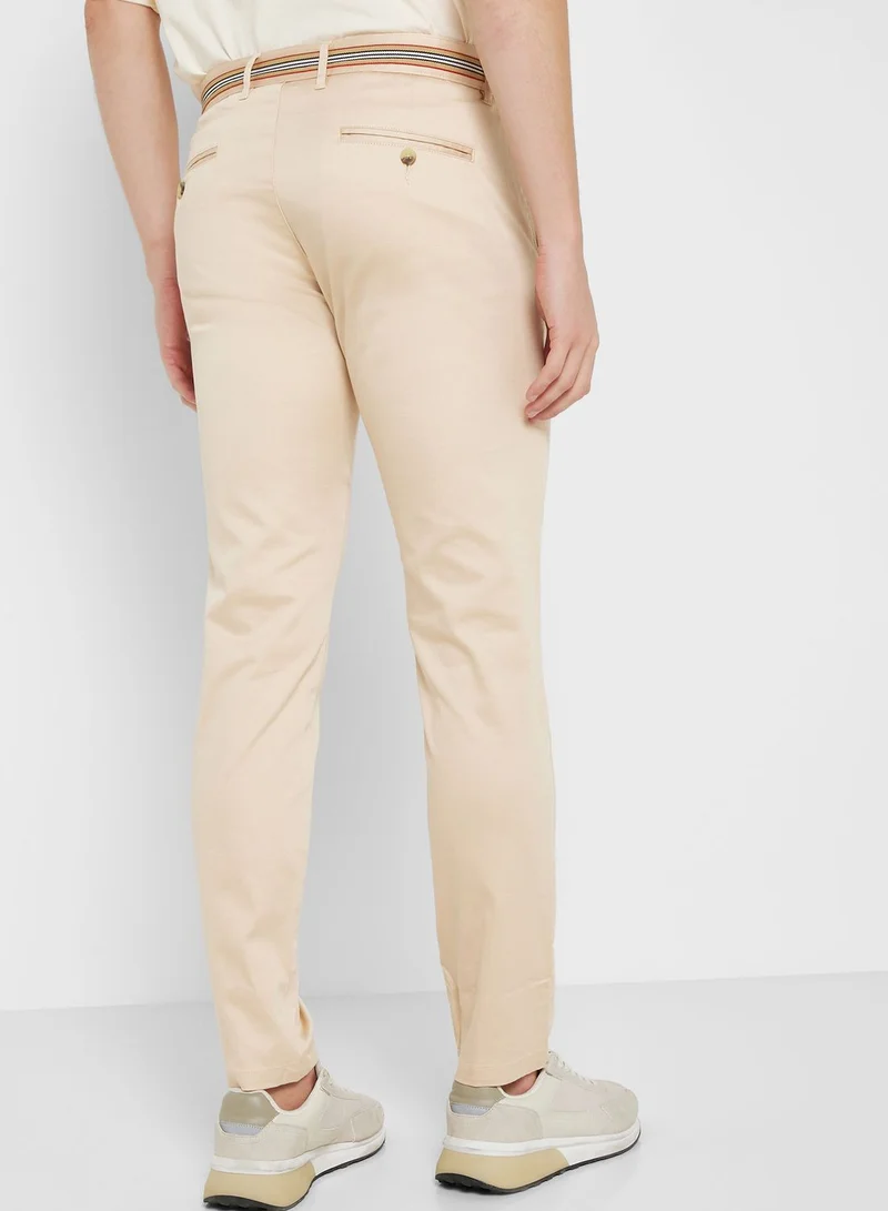 Thomas Scott Men Cream-Coloured Slim Fit Chinos Trousers