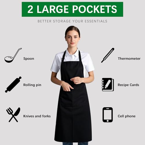 ARKBAODAN Bib Apron - Unisex Black Aprons 6 Pockets Cooking Kitchen Apron for Chef,BBQ Drawing aprons black (6 PCS) - Image 5