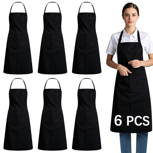 ARKBAODAN Bib Apron - Unisex Black Aprons 6 Pockets Cooking Kitchen Apron for Chef,BBQ Drawing aprons black (6 PCS) - Image 1