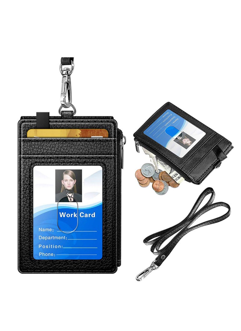 Generic Badge Holder with Zipper, PU Leather ID Badge Card Holder Wallet with 5 Card Slots, 1 Side RFID Blocking Pocket and 20 inch Neck Lanyard Strap for Offices ID/School ID/Driver Licence  - Image 1