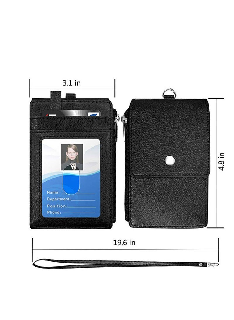 Generic Badge Holder with Zipper, PU Leather ID Badge Card Holder Wallet with 5 Card Slots, 1 Side RFID Blocking Pocket and 20 inch Neck Lanyard Strap for Offices ID/School ID/Driver Licence  - Image 2