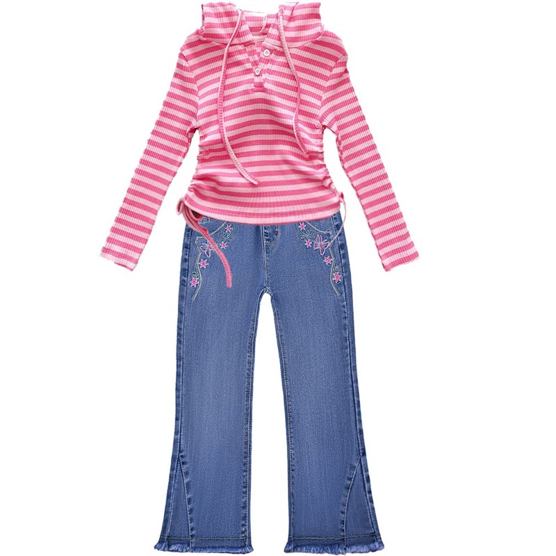 Peacolate 2-10Years Little Big Girls 2pcs Clothing Set T Shirt and Blue Butterfly Embroidered Bootcut Jeans(pink strip hoodie,9-10Years) - Image 1