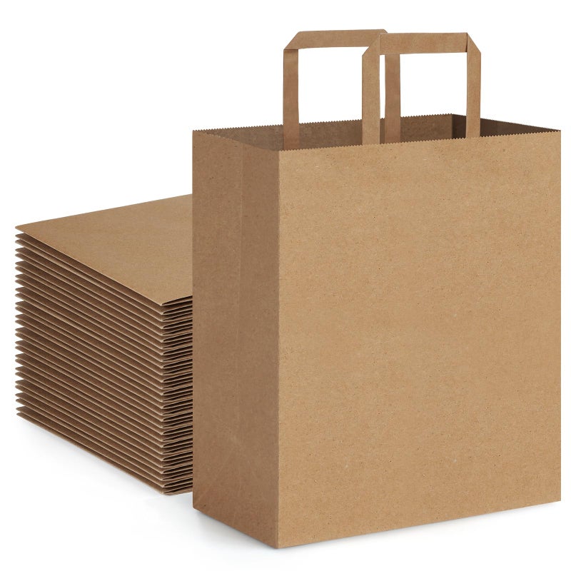 BagDream 100Pack 10x6.75x12 Kraft Brown Paper Bags with Handles Bulk, Gift Shopping Merchandise Retail To Go Bags for Takeout Containers, Flat Handles Wider-gusset Recycled Paper Sacks - Image 1