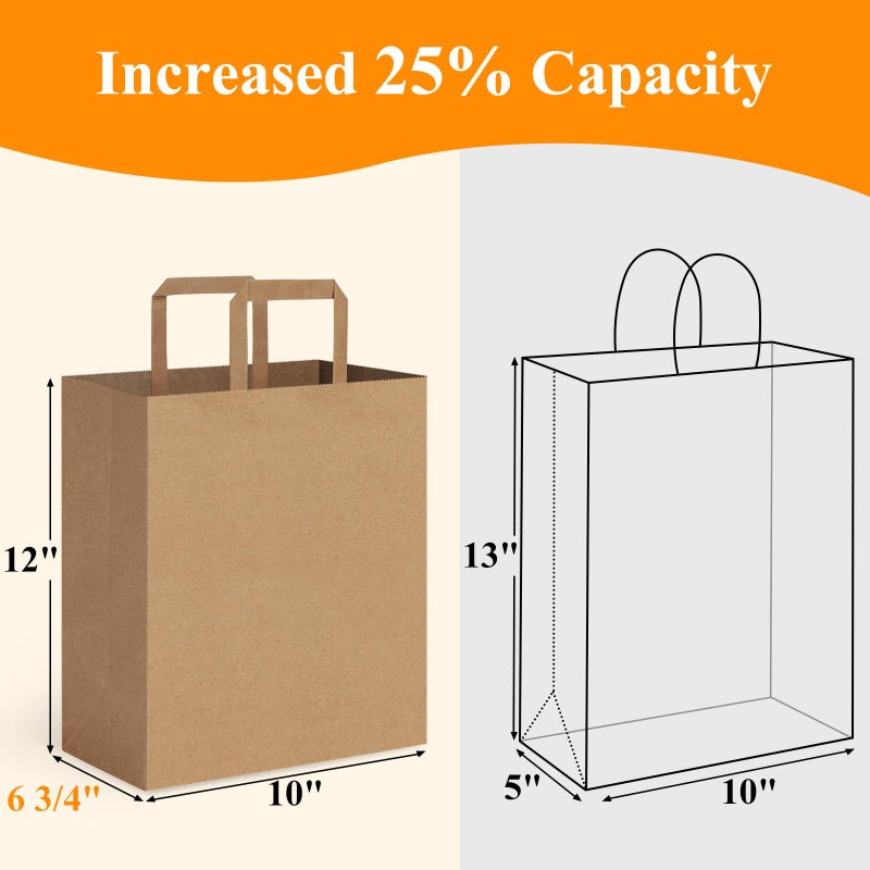 BagDream 100Pack 10x6.75x12 Kraft Brown Paper Bags with Handles Bulk, Gift Shopping Merchandise Retail To Go Bags for Takeout Containers, Flat Handles Wider-gusset Recycled Paper Sacks - Image 2