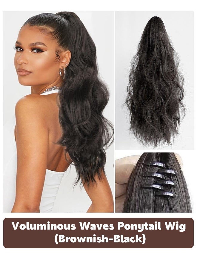 Women’s black clip-in wig, ponytail wig, human hair wavy ponytail wig, voluminous double-layered wavy soft hair, women’s wig, naturally blending long hairpiece (45cm, black) - Image 1