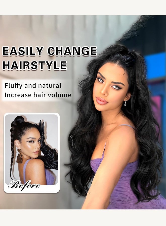 Women’s black clip-in wig, ponytail wig, human hair wavy ponytail wig, voluminous double-layered wavy soft hair, women’s wig, naturally blending long hairpiece (45cm, black) - Image 5