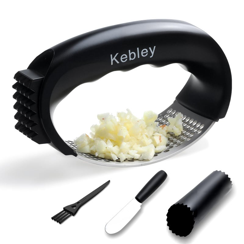 Kebley Garlic Press Rocker Stainless Steel Garlic Crusher, Mincer and Chopper with Peeler and Scraper,brush, Easy Kitchen Gadget for Effortless Smashing - Image 1