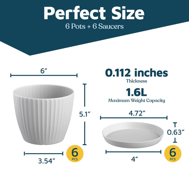 LifeMaster White 6-Inch Plant Pots with Drainage & Saucers 6 Pack, Indoor & Outdoor Planters for Houseplants, Herbs, and Flowers, Durable & Weatherproof Material, Stackable, Lightweight, Minimalist Design - Image 2