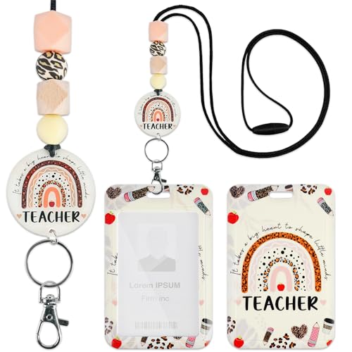 MENIFEND Teacher Lanyard with ID Holder, Leopard Print Rainbow Inspirational Quote Badge Holder with Beaded Adjustable Lanyard, Teacher Appreciation Gifts - Image 1