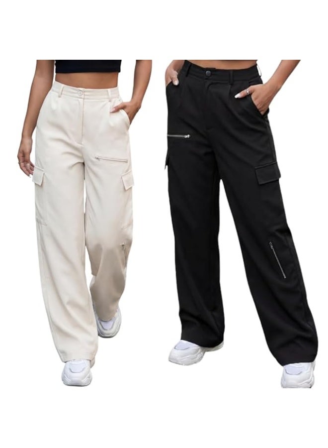 GRECIILOOKS Cargo Pants For Woman | Trousers For Womans |High Waist Trouser for Women – Flared Parachute Pants with Side Pockets |Womens Cargo Pant | Elegant for College & Events (pack of 2) - Image 1
