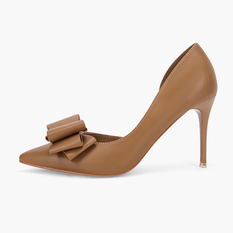 Coutgo Womens Bow Heels Closed Pointed Toe Dress Shoes Stiletto Slip on Wedding Pumps Brown - Image 5