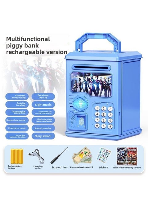 2024 Children's Ultraman Piggy Bank Boy's Large Capacity Can't Fall, Only Can't Enter, Password Piggy Bank-Color:Blue Otman [face Fingerprint Version ε Music Story] Charging