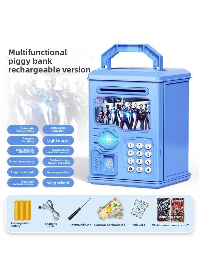 Generic - 2024 Children's Ultraman Piggy Bank Boy's Large Capacity Can't Fall, Only Can't Enter, Password Piggy Bank-Color:Blue Otman [face Fingerprint Version ε Music Story] Charging - Image 1