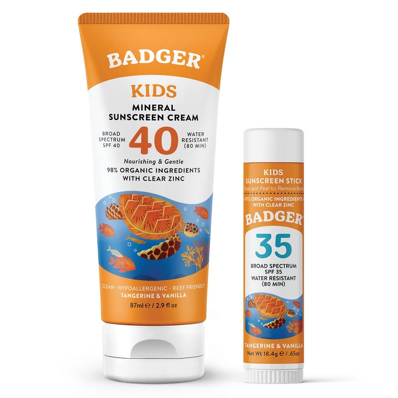 Badger مجموعة واقي شمس معدني للأطفال، كريم SPF 40 + عصا وجه للأطفال SPF 35، واقيات شمسية عضوية مع أكسيد الزنك المعدني، مقاومة للماء، آمنة للشعاب المرجانية، طيف واسع، برائحة اليوسفي والفانيليا، عبوة من 2 - Image 1
