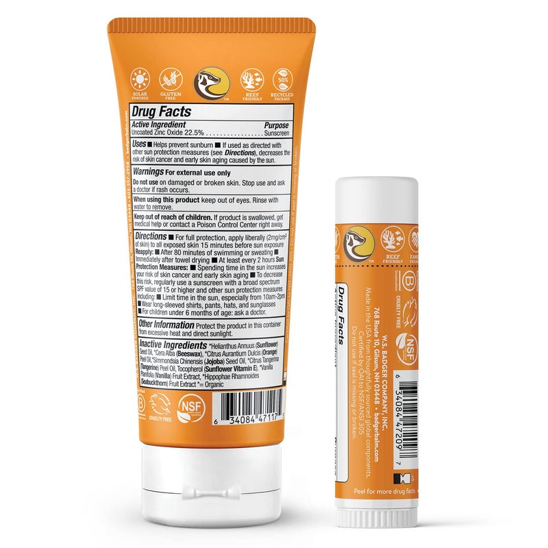 Badger مجموعة واقي شمس معدني للأطفال، كريم SPF 40 + عصا وجه للأطفال SPF 35، واقيات شمسية عضوية مع أكسيد الزنك المعدني، مقاومة للماء، آمنة للشعاب المرجانية، طيف واسع، برائحة اليوسفي والفانيليا، عبوة من 2 - Image 2