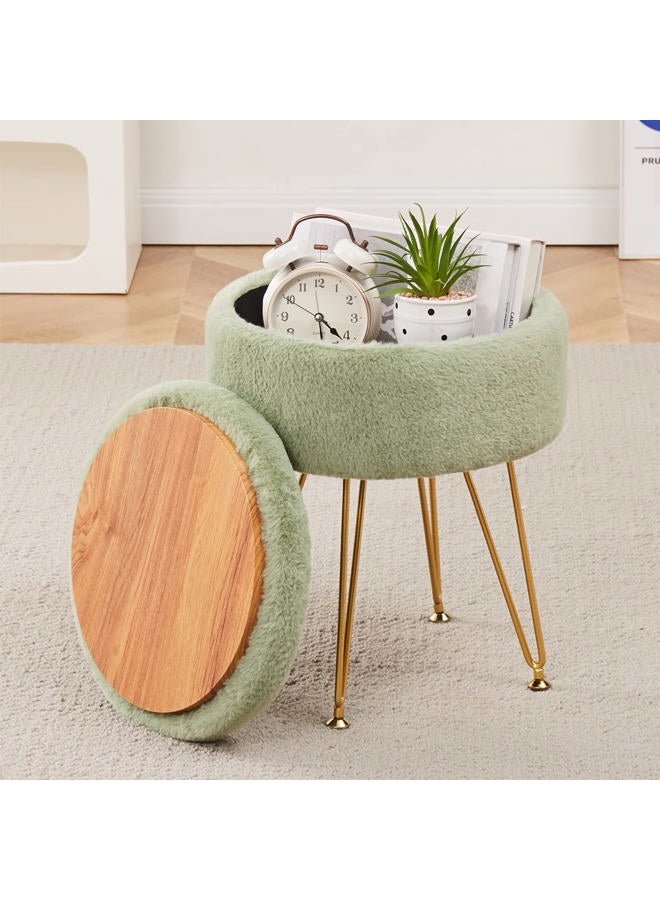Cplxroc Footrest Footstools Round Faux Fur Ottoman with Storage Space Soft Vanity Chair Seat Coffee Table Ottoman Small Side Table with Adjustable Footings (Green) - Image 1
