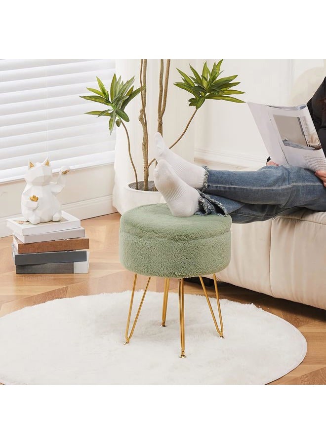 Cplxroc Footrest Footstools Round Faux Fur Ottoman with Storage Space Soft Vanity Chair Seat Coffee Table Ottoman Small Side Table with Adjustable Footings (Green) - Image 3