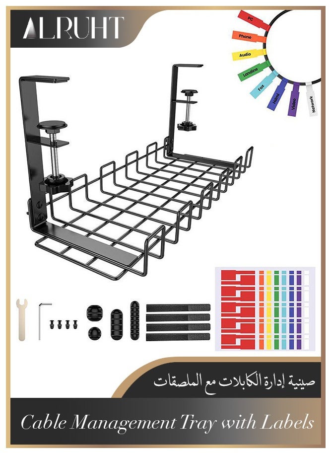 Alruht Under Desk Cable Management Tray, Super Sturdy Under Desk Wire Management Organizer,Clamp Install Metal Cord Management Rack,Perfect for Office Home,Cable Tray Basket Black  - Image 1