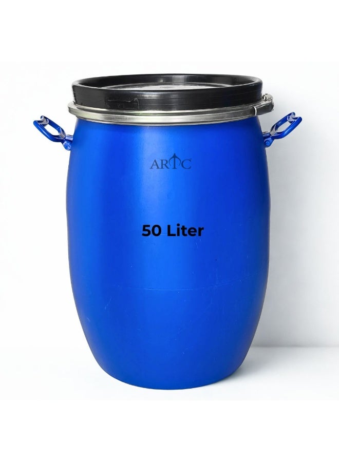 ARTC New 50L Premium HDPE Blue Plastic Storage Barrel, Round Jerrycan with Sealed Lid & Handle | Heavy Duty Airtight Leakproof Food Grade & Chemical Safe Drum for Perfume, Oil, Oud, Food, Water, Chemical, Liquid, Dry Goods | Pure High-Quality Material Reusable Industrial Container for Shipping Companies, Factories, Shops, Warehouses - Image 1
