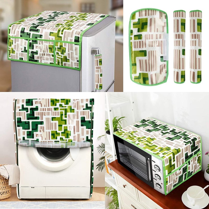 E-Retailer® Exclusive 3-Layered Polyester Combo Set of Appliances Cover (1 Pc. Fridge Top Cover, 3 Pc. Handle Cover, 1 Pc. of Microwave Oven Top Cover and 1 Pc. Front Load Washing Machine Cover) (Color-Green, Design-Geometric, Set Contains-6 Pcs.) - Image 4