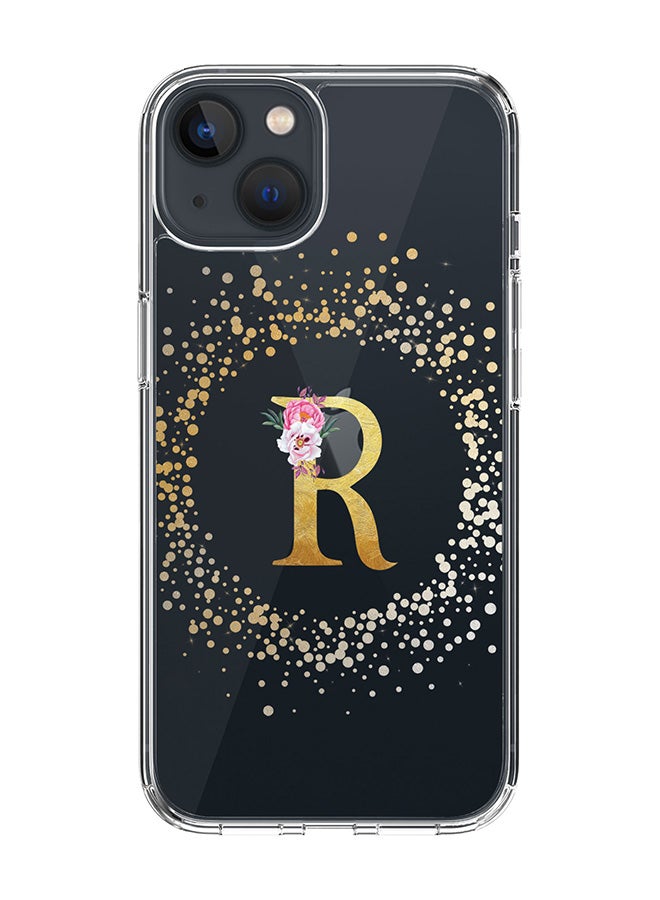 Classic Clear Case For iPhone 14 Plus, Hybrid Soft Case Thin Cover- Custom Monogram Initial Letter Floral Pattern Alphabet - R(Transparent)
