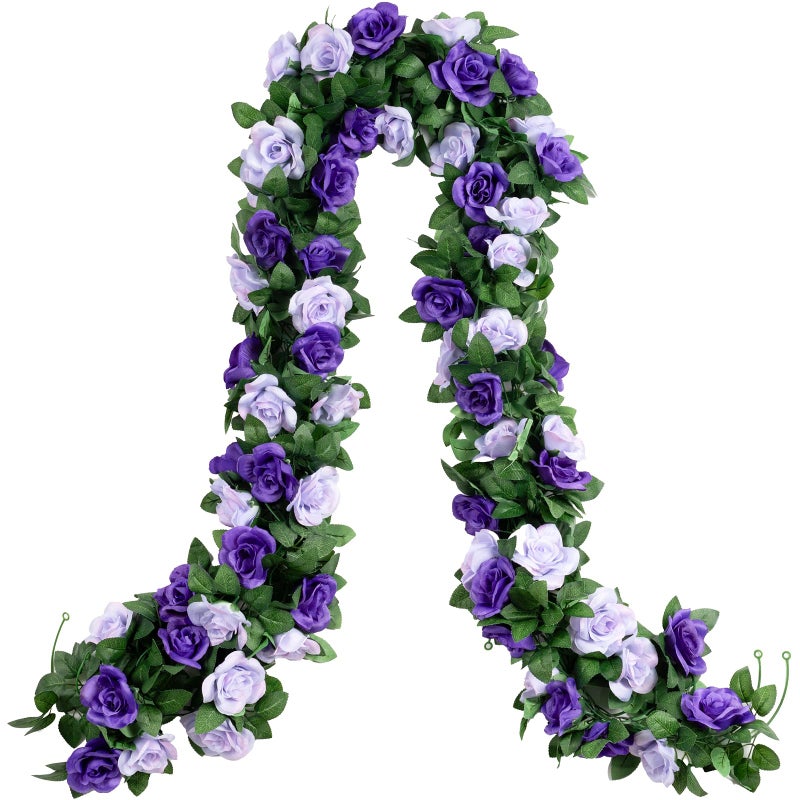 OWPFJG 2 Pack 16FT Artificial Rose Garland - Dual Tone Light/Dark Purple Silk Flower Vines for Wedding Arch, Mother's Day, Home Office DÃ©cor (32 Roses) - Image 1