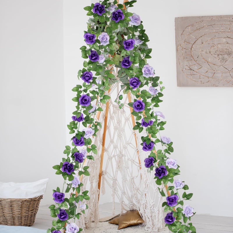 OWPFJG 2 Pack 16FT Artificial Rose Garland - Dual Tone Light/Dark Purple Silk Flower Vines for Wedding Arch, Mother's Day, Home Office DÃ©cor (32 Roses) - Image 4