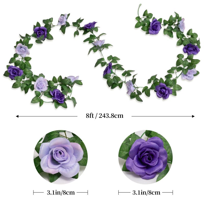 OWPFJG 2 Pack 16FT Artificial Rose Garland - Dual Tone Light/Dark Purple Silk Flower Vines for Wedding Arch, Mother's Day, Home Office DÃ©cor (32 Roses) - Image 2