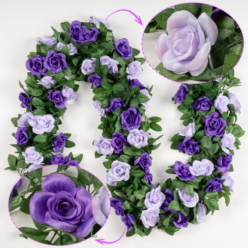 OWPFJG 2 Pack 16FT Artificial Rose Garland - Dual Tone Light/Dark Purple Silk Flower Vines for Wedding Arch, Mother's Day, Home Office DÃ©cor (32 Roses) - Image 3