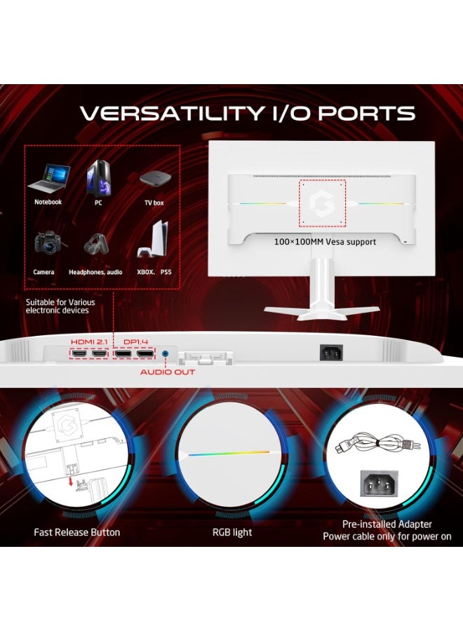 GAMEON 27 Inch QHD Gaming Monitor 2560x1440 240Hz Overclock Fast IPS 0.5ms MPRT HDR400 FreeSync G-Sync Compatible HDMI 2.1 DisplayPort PC & Console Ready White White - Image 5