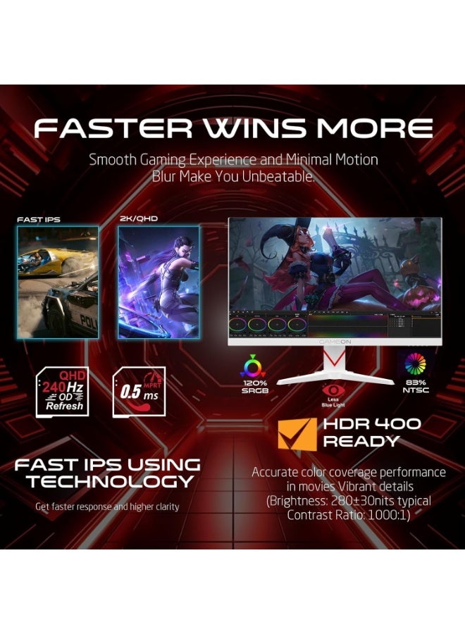GAMEON 27 Inch QHD Gaming Monitor 2560x1440 240Hz Overclock Fast IPS 0.5ms MPRT HDR400 FreeSync G-Sync Compatible HDMI 2.1 DisplayPort PC & Console Ready White White - Image 4
