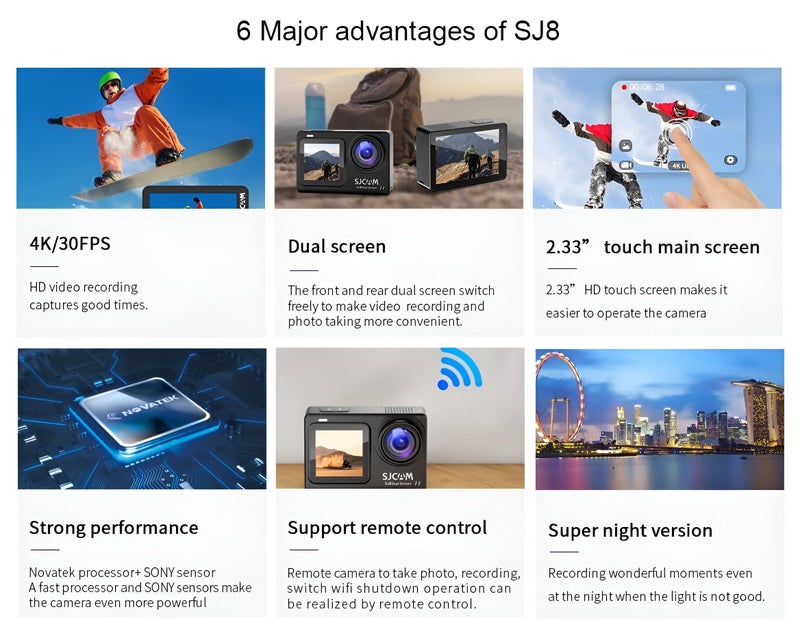 SJCAM SJ8 Dual Screen 4k 20MP Action Camera Kit | 2.33" Dual Touch Screen, 140° Wide-Angle | 30M Underwater, Super Night Vision with Mic, 3X 1200 mAh Batteries, Charger, 32GB SD Card - Image 3