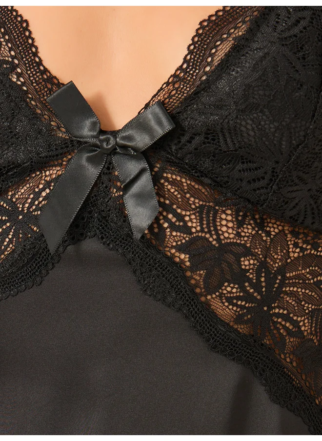 ستايلي Styli Lace Insert Panel Satin Slip with Briefs