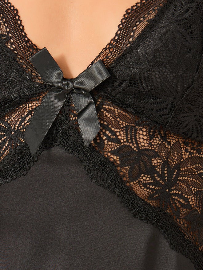 Styli Lace Insert Panel Satin Slip with Briefs - Image 2