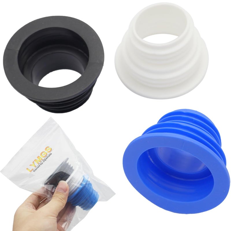 LYMGS Universal Fit Drain Pipe Hose Silicone Plug, Washing Machine Drain Hose Sealing Plug Kitchen Pipe Sewer Seal Ring Laundry Room Bathroom Bathtub, Black White Blue 3 Pack - Image 1