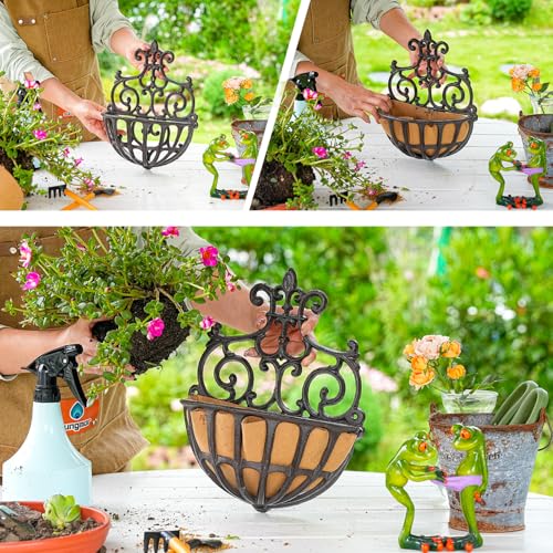 Sungmor 2PC Small Cast Iron Baskets, Heavy-Duty Wall Hanging Hollow Planter w/Fabric Liner, Antique Victoria Half Round Wall Pot Plants Holder, Outdoor Railing Fence Balcony Hanging Basket Flower Pot - Image 3