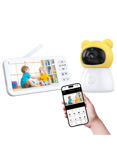Baby Monitor Toddler Security Portable Wifi Camera Smart Control Wireless Remote Access 1080P Video Rotation Digital Two-way Audio, 5 inch HD Screen Display, Vox Mode Infrared Night Vision Teddy Webcam( Honey Yellow Bear)
