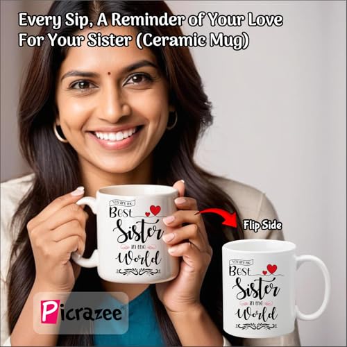 PICRAZEE "Best Sister In The World" Gift For Sister On Her Birthday (1 Pc Ceramic Coffee Mug With Wooden Key Ring) (Best Sister In The World), 330 Ml - Image 2