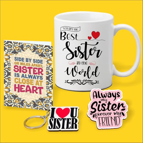 PICRAZEE "Best Sister In The World" Gift For Sister On Her Birthday (1 Pc Ceramic Coffee Mug With Wooden Key Ring) (Best Sister In The World), 330 Ml - Image 1