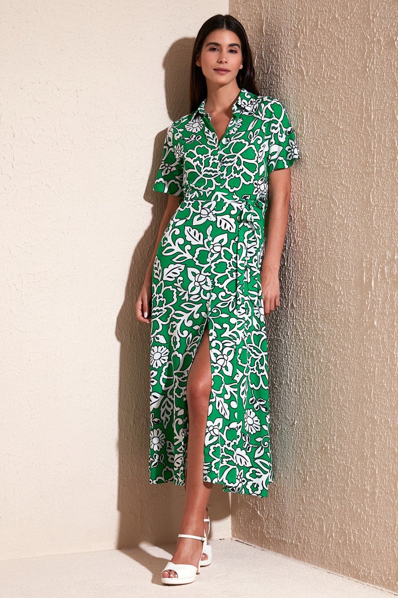 Lela Patterned Slit Shirt Collar Maxi Dress Women's Dress 611EL502  - Image 1