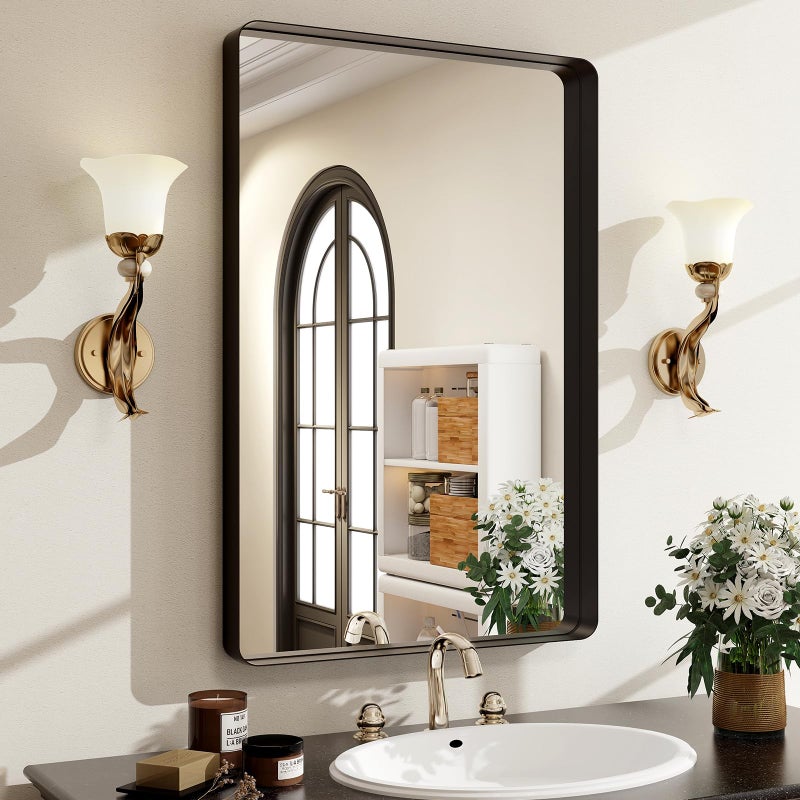 Easly 36x24 Inch Black Bathroom Mirror - Modern Black Rectangle Mirror for Wall with Rounded Corners, Bathroom Mirrors for Vanity, Aluminum Alloy Framed Mirror Hangs Horizontally or Vertically - Image 1