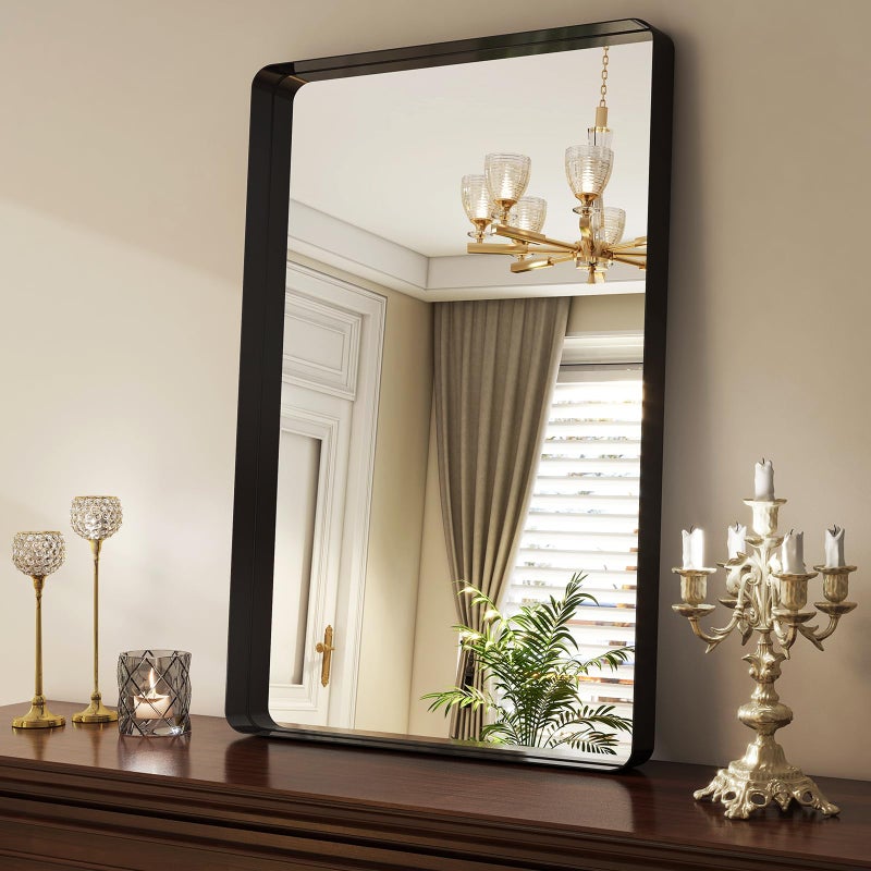Easly 36x24 Inch Black Bathroom Mirror - Modern Black Rectangle Mirror for Wall with Rounded Corners, Bathroom Mirrors for Vanity, Aluminum Alloy Framed Mirror Hangs Horizontally or Vertically - Image 2