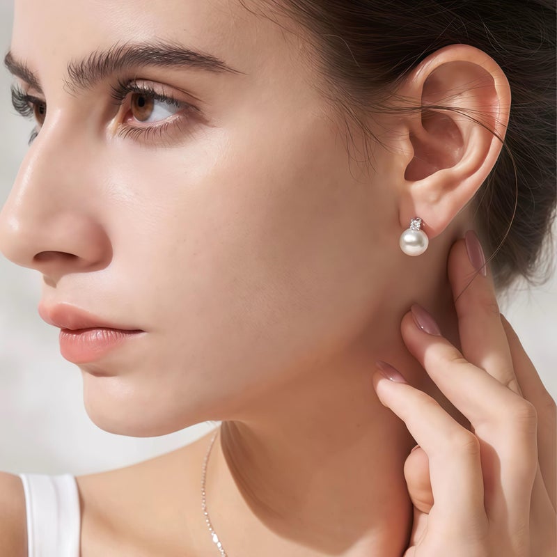 eartif Silver Pearl Stud Earrings and Necklace Set - Minimalist Trendy Hypoallergenic Wedding Earrings for Women - Image 2