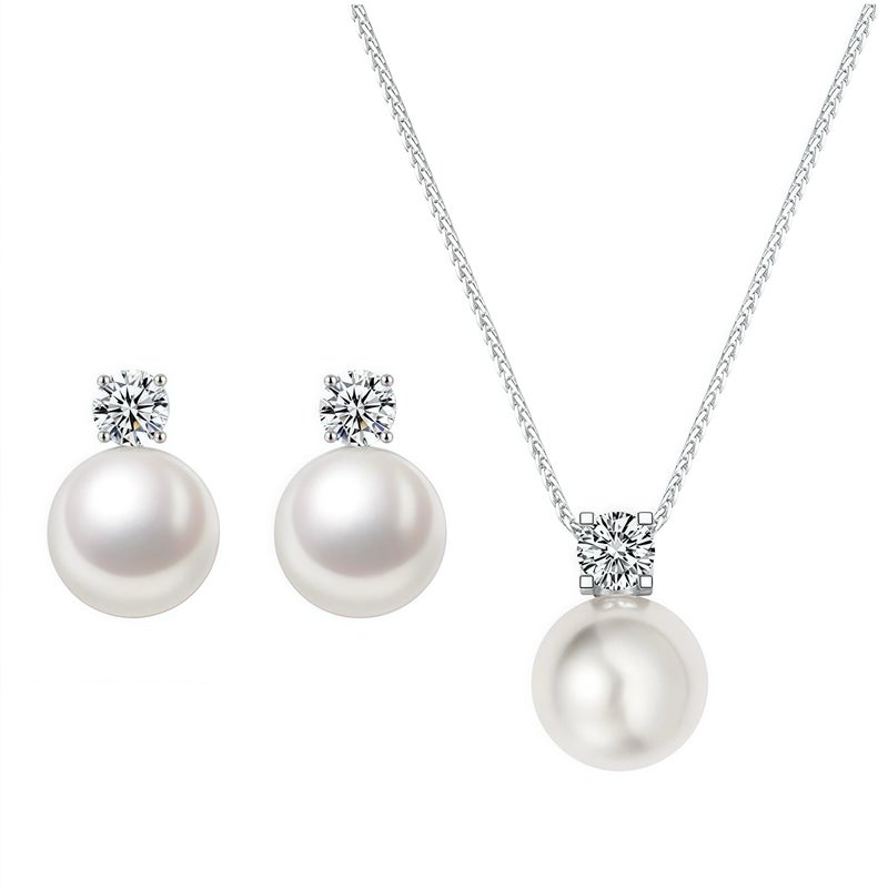 eartif Silver Pearl Stud Earrings and Necklace Set - Minimalist Trendy Hypoallergenic Wedding Earrings for Women - Image 1