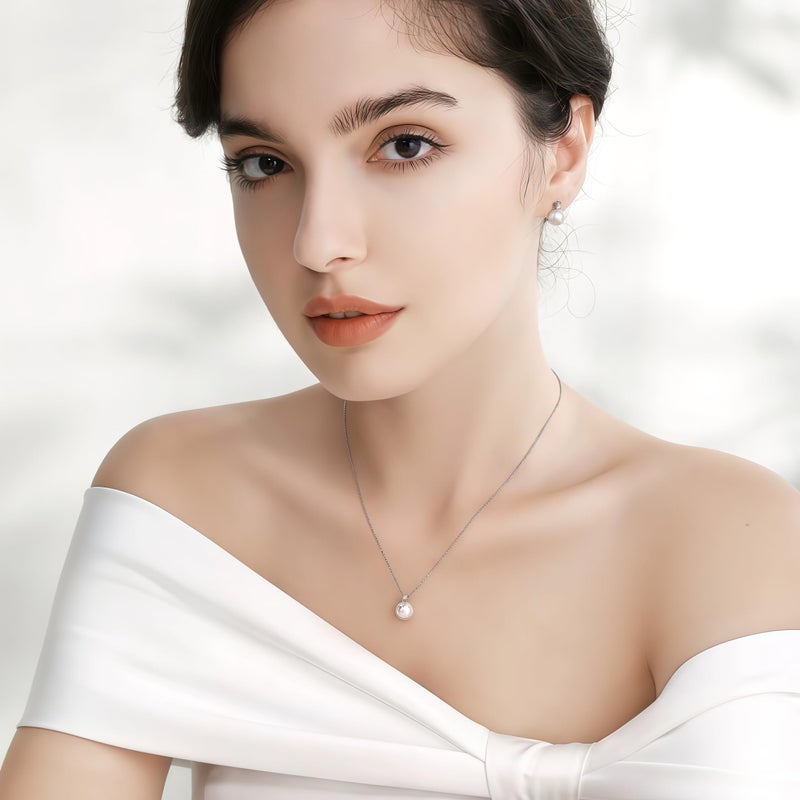 eartif Silver Pearl Stud Earrings and Necklace Set - Minimalist Trendy Hypoallergenic Wedding Earrings for Women - Image 4