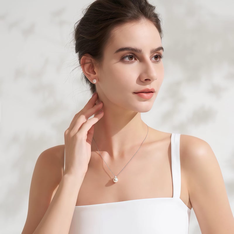 eartif Silver Pearl Stud Earrings and Necklace Set - Minimalist Trendy Hypoallergenic Wedding Earrings for Women - Image 3