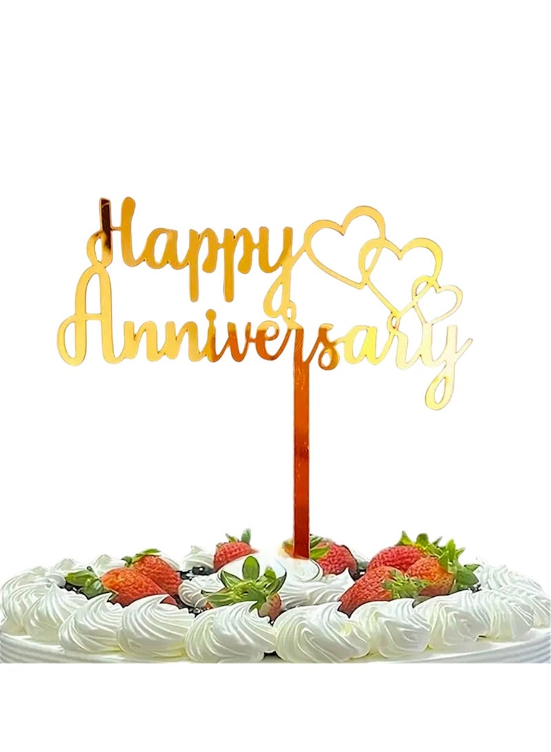 Happy Anniversary Acrylic Cake Topper, Lovely Hearts, Gold, Romantic Celebration Decoration for Cupcakes Muffins Desserts Sweet Treats, Gift Idea for Couples DIY Baking Supplies, Cute Present - Image 1