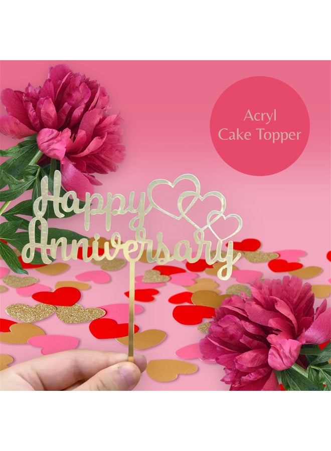 Happy Anniversary Acrylic Cake Topper, Lovely Hearts, Gold, Romantic Celebration Decoration for Cupcakes Muffins Desserts Sweet Treats, Gift Idea for Couples DIY Baking Supplies, Cute Present - Image 3
