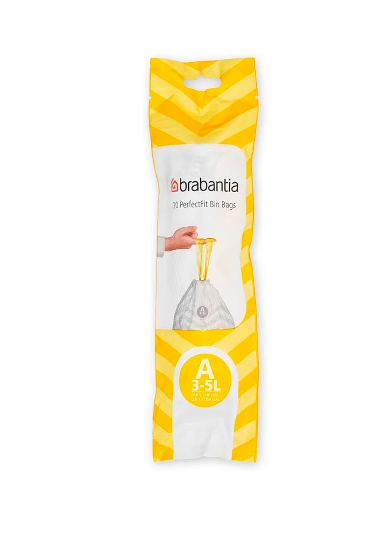 برابانتيا أكياس نفايات Brabantia PerfectFit مقاس A (3–5 لتر) – 60 كيس، أكياس قمامة قوية مع رباط سحب، لون أبيض - Image 1