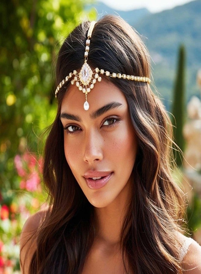 Brishow إكسسوار رأس برشو من الكريستال اللامع للنساء، سلسلة رأس ذهبية لمهرجان - Image 4
